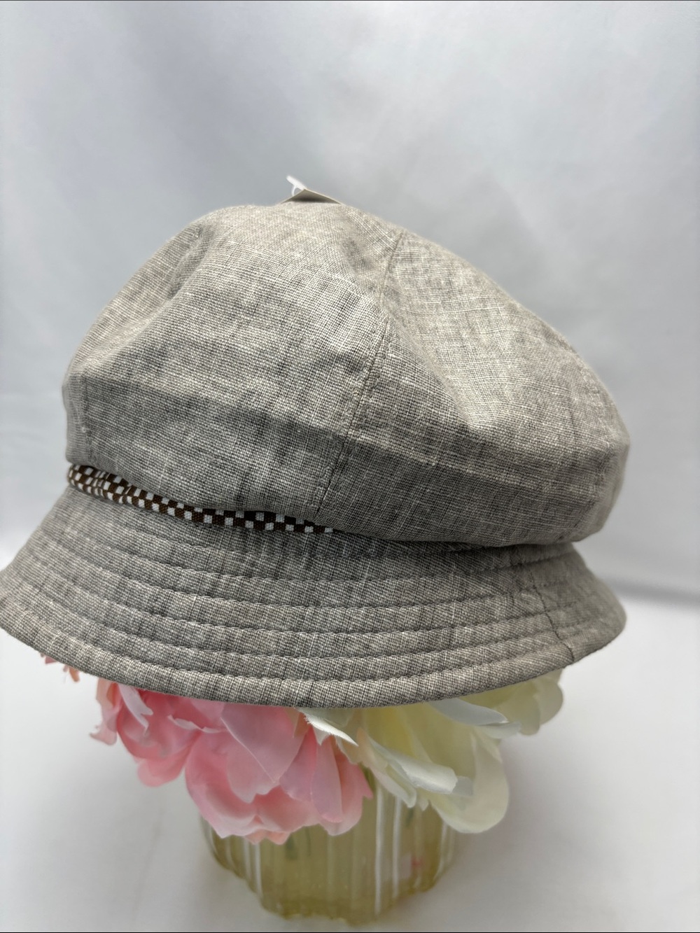 Neutral Linen-Look Bucket Hat with Brown Check Flower Accent#514 - Picture 4 of 10